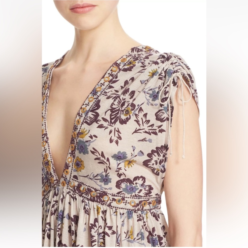 Free People Linen Blend Floral Handkerchief Hem Peasant Blouse Top - Picture 4 of 9